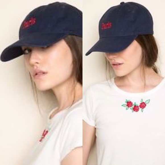 Brandy Melville Accessories - NWT Brandy Melville Navy Blue Sewn Paris Hat Red Embroidery Rare Ball cap